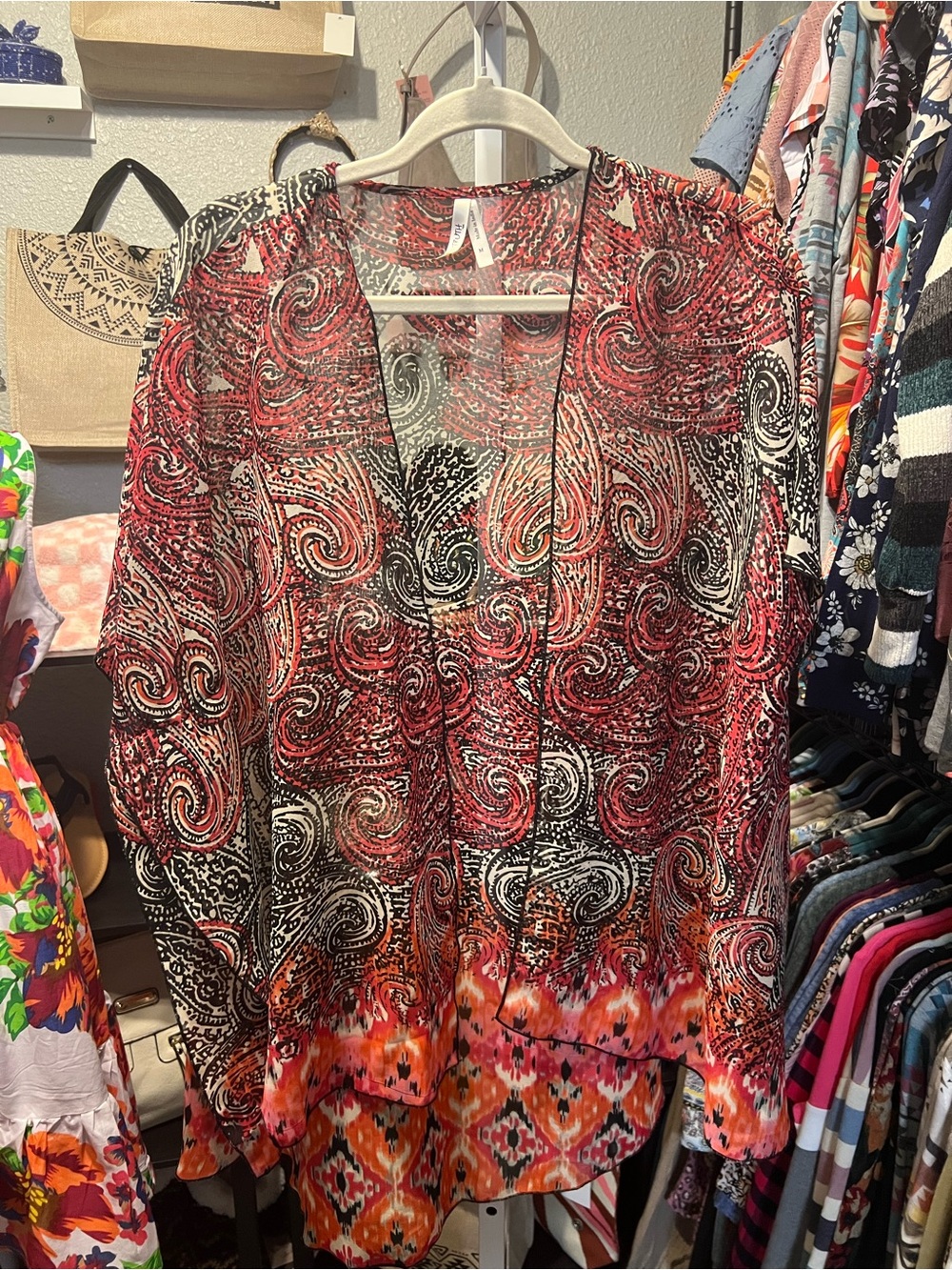 Truth Sheer Paisley Print Kimono Top - Red Black White